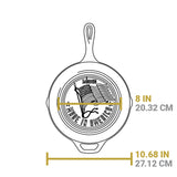 Lodge classic cast iron skillet with US flag design, 25.4 cm diameter, showing the textured cooking surface and handle.
