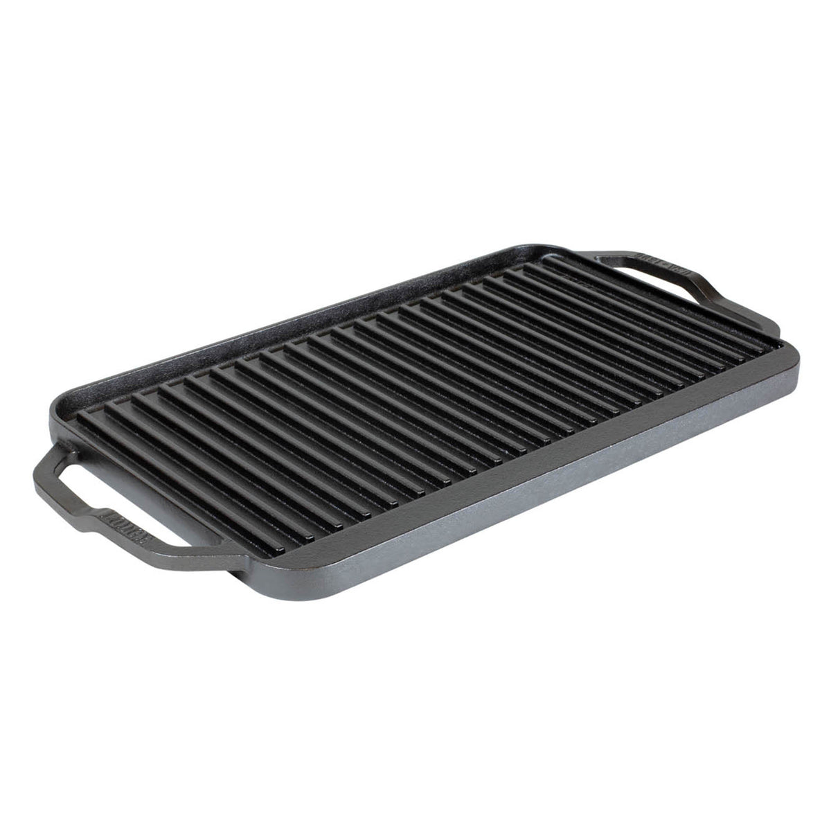Lodge 2-sided grill plate with smooth and ridged surfaces, 50.8 cm x 25.4 cm, ideal for grilling and searing.