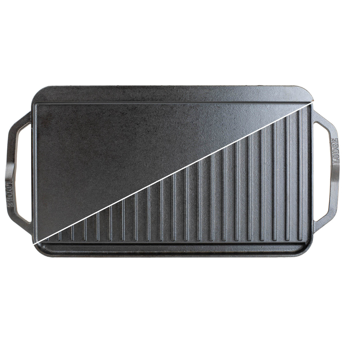 Lodge 2-sided cast iron grill plate with smooth and ridged surfaces, 50.8 cm x 25.4 cm for versatile outdoor cooking