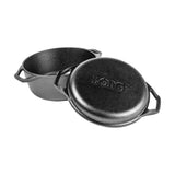 Lodge Dutch oven in chef-style black, 5.7L capacity, cast iron cookware suitable for baking, roasting, and simmering.