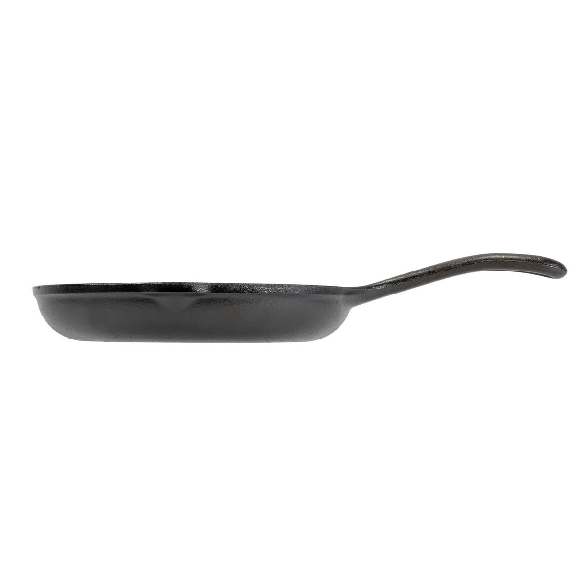 Black Lodge Chef cast iron pan with long handle, showing a smooth cooking surface and sturdy construction.