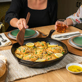 Black Lodge chef cast iron pan with handle, showcasing durable cookware designed for versatile cooking.