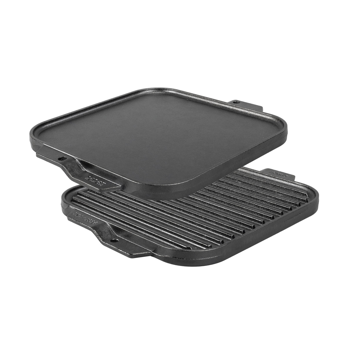 Lodge flat and ridged black cast iron grill plate, 2-sided for versatile outdoor cooking.