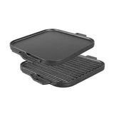 Lodge flat and ridged black cast iron grill plate, 2-sided for versatile outdoor cooking.