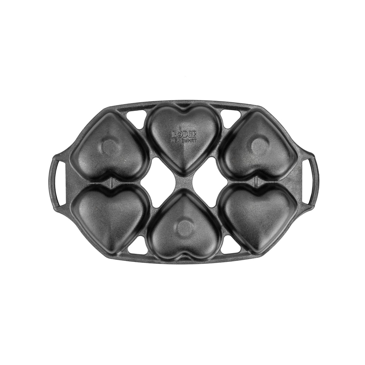 Lodge classic black heart-shaped cake pan with six cavities for baking cakes and desserts.