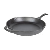 Lodge black cast iron skillet chef pan with handle, sturdy and durable for versatile cooking.