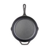 Lodge cast iron chef skillet in black, showing a close-up of the seasoned cooking surface and sturdy handle.