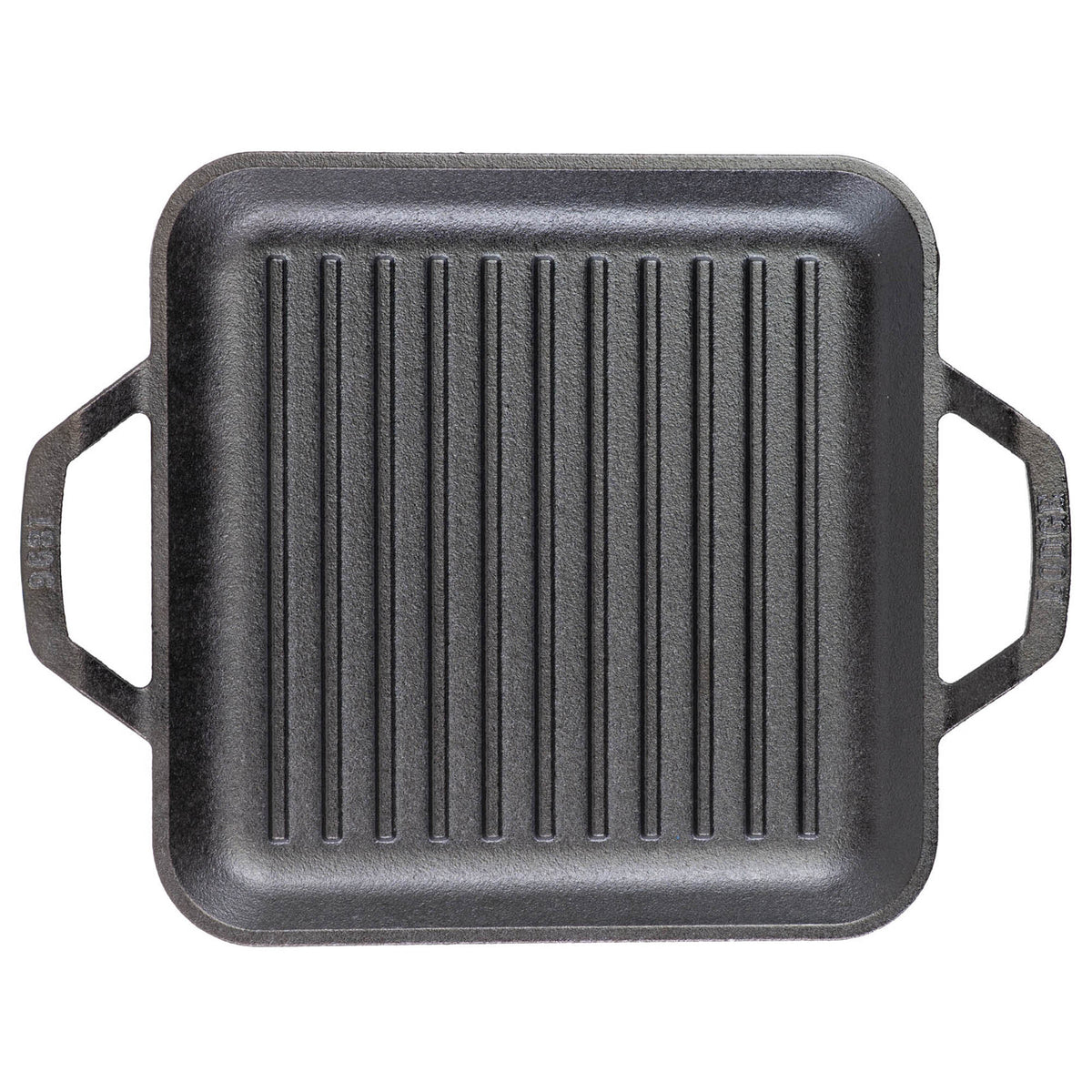 Lodge cast iron square grill pan with handle, 27.9 cm, designed for grilling and searing at high temperatures.