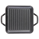 Lodge cast iron square grill pan with handle, 27.9 cm, designed for grilling and searing at high temperatures.