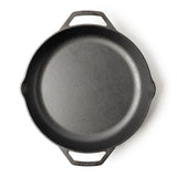 Lodge double-handle cast iron skillet, chef size 35.6 cm, showcasing the durable black cooking surface and sturdy handles.