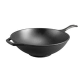 Lodge 32cm black cast iron wok with handle and lid, designed for stir-frying and high-heat cooking.