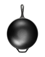 Black 32cm Lodge cast iron wok for professional cooking, featuring a sturdy handle and smooth cooking surface.