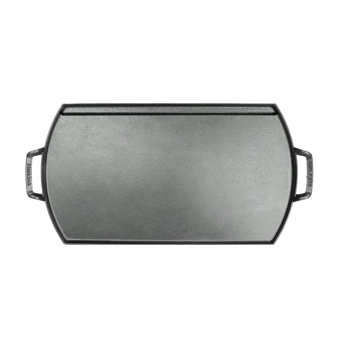 Lodge black cast iron grill plate, 51 cm, with locking mechanism, suitable for outdoor cooking and grilling.