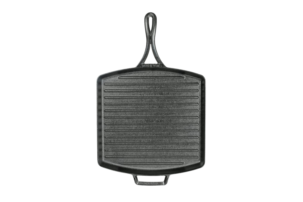 Lodge black square grill pan with 30.5x30.5 cm cooking surface, durable cast iron cookware for grilling and searing.