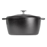 Lodge black cast iron skillet with a 5.2-liter capacity, sturdy handle, and smooth cooking surface.
