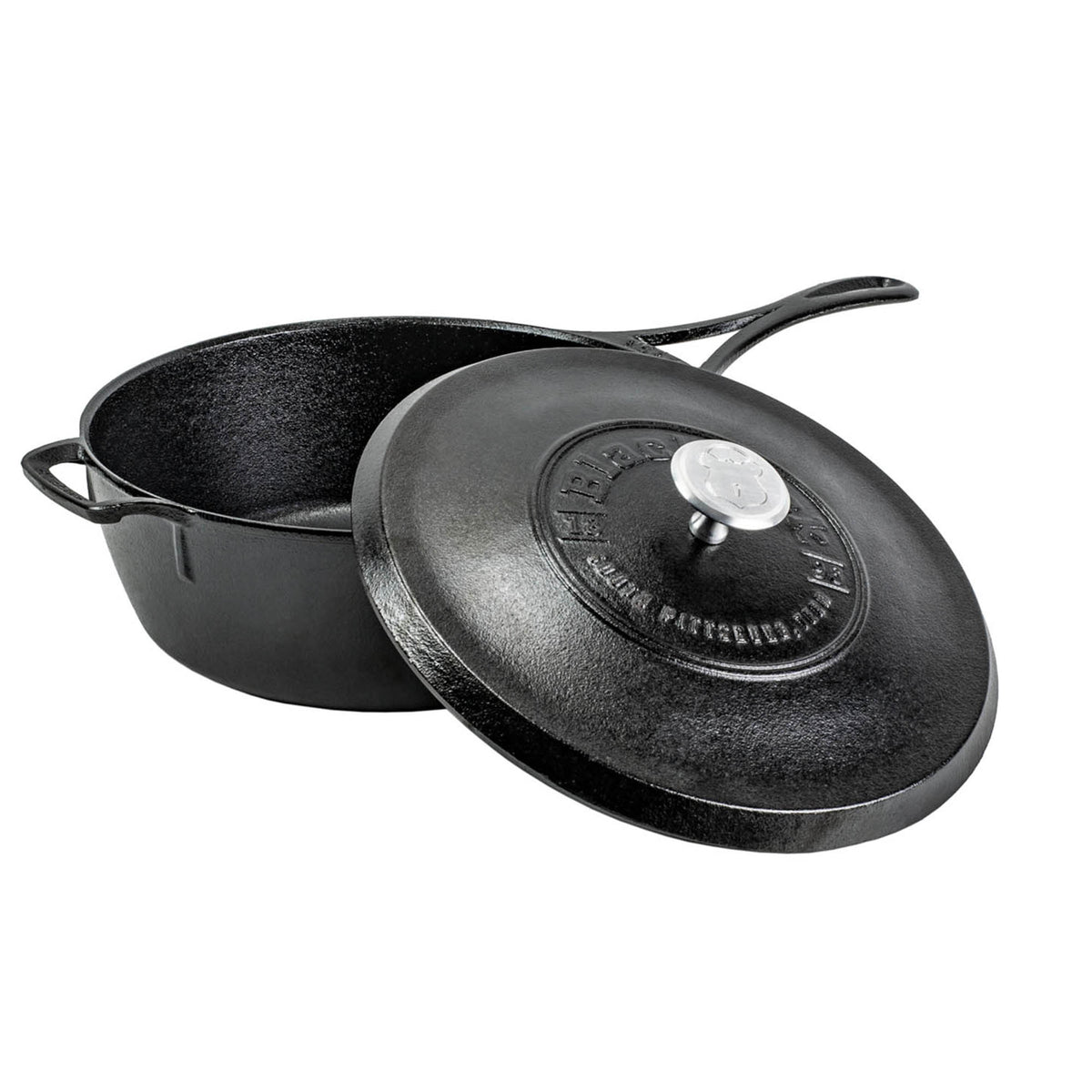 Lodge black cast iron deep skillet with 3.8L capacity, sturdy handle, and textured black finish for versatile cooking.