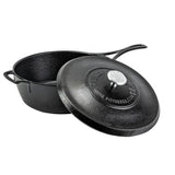 Lodge black cast iron deep skillet with 3.8L capacity, sturdy handle, and textured black finish for versatile cooking.