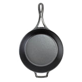 Lodge black cast iron deep skillet with 3.8-liter capacity, black Lock series, showing the cooking surface and handle.