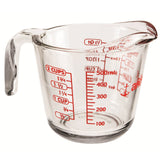 Anchor Hocking glass measuring cup with clear measurement markings and a sturdy handle for precise liquid measurement.