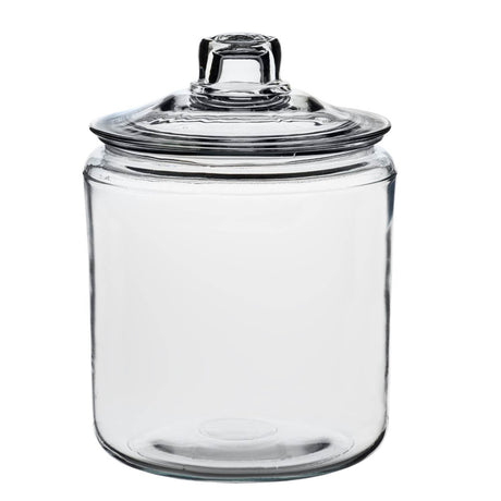 Anchor Hocking Heritage Hill storage jar, clear glass container with a wide mouth and vintage-inspired design for kitchen storage.