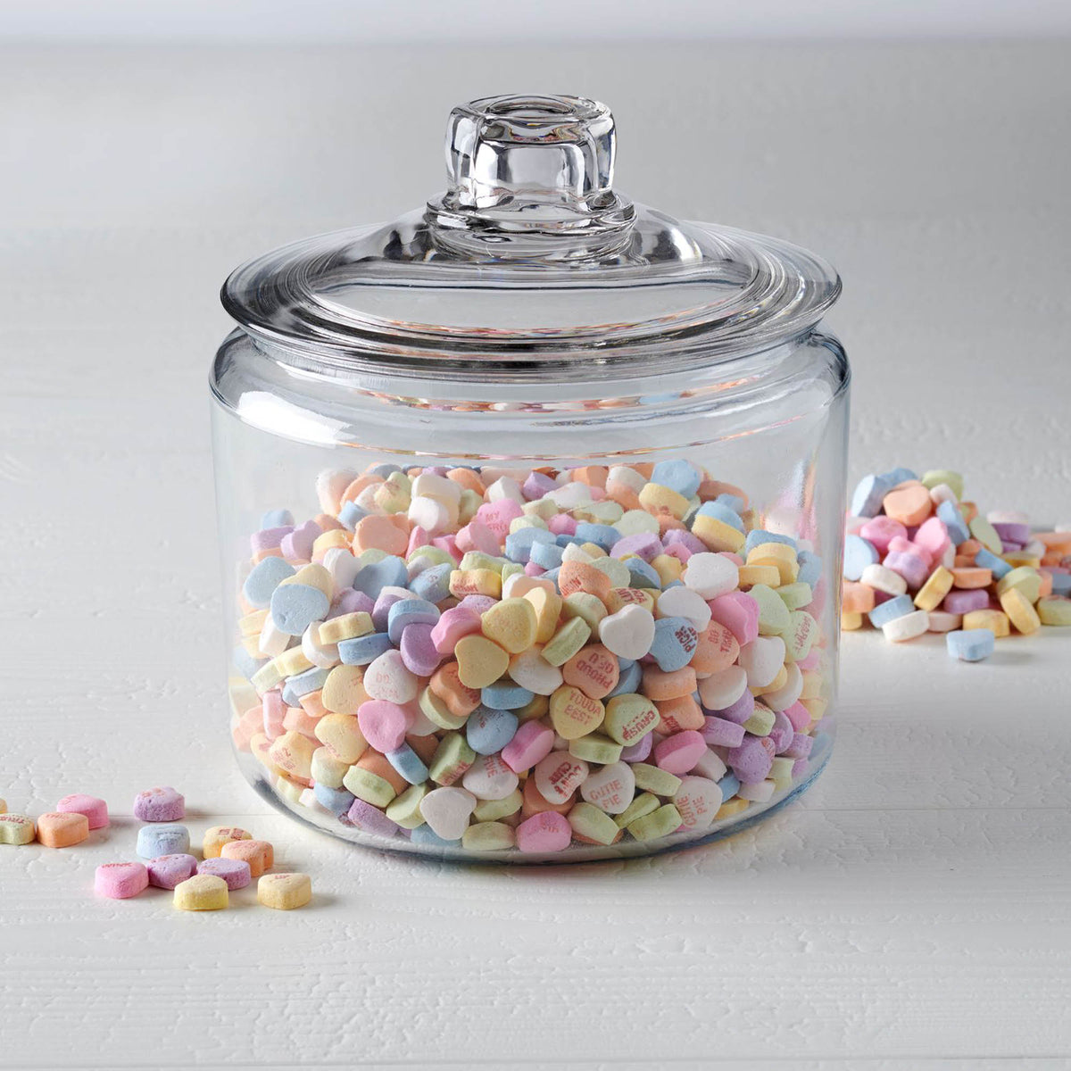 Anchor Hocking Heritage Hill storage jar, clear glass container with lid, ideal for kitchen pantry organization.