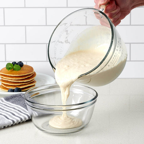 Anchor Hocking 1.9L glass mixing bowl, versatile measuring beaker for baking and cooking, clear and durable kitchen tool.