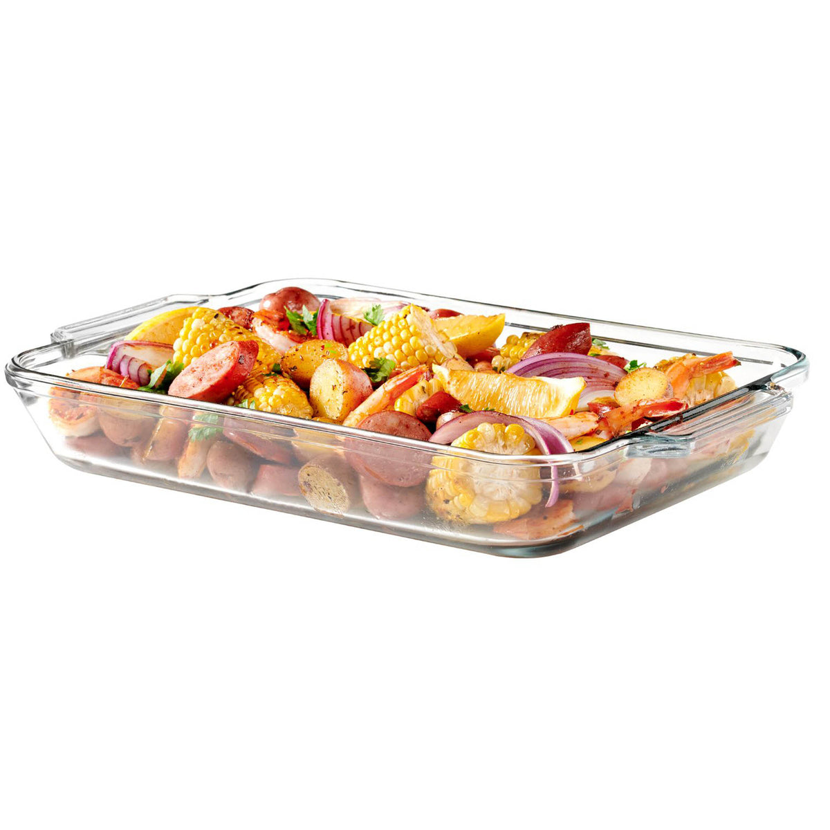 Anchor Hocking Basics casserole dish, clear glass baking dish with handles, ideal for oven baking and serving.