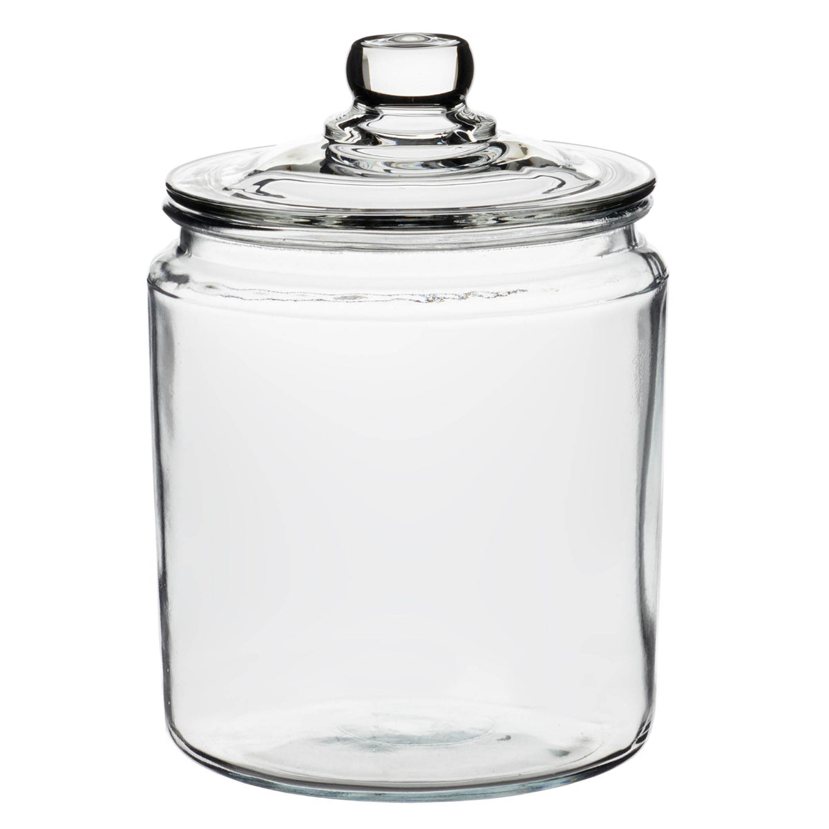 Anchor Hocking Heritage Hill storage jar with clear glass body and a metal lid for kitchen organization.