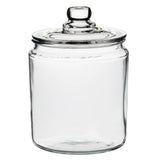 Anchor Hocking Heritage Hill storage jar with clear glass body and a metal lid for kitchen organization.