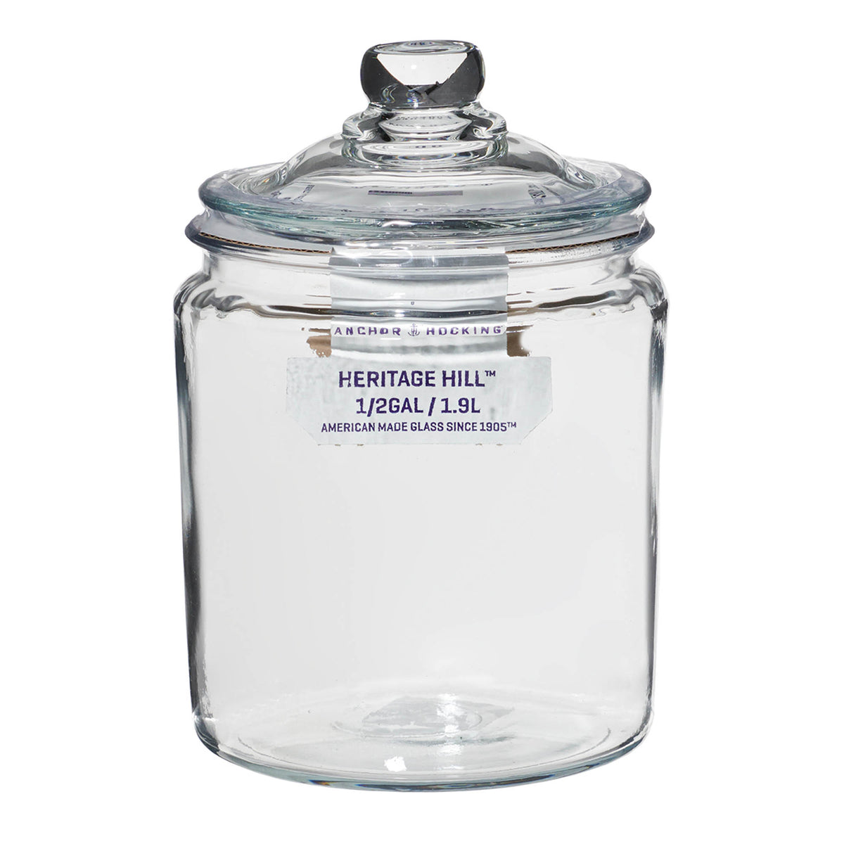 Anchor Hocking Heritage Hill glass storage jar with a clear, lid, ideal for kitchen organization and food storage.
