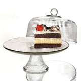 Anchor Hocking Kuchenplatte, clear glass cake serving plate with a smooth, round design for displaying baked goods.