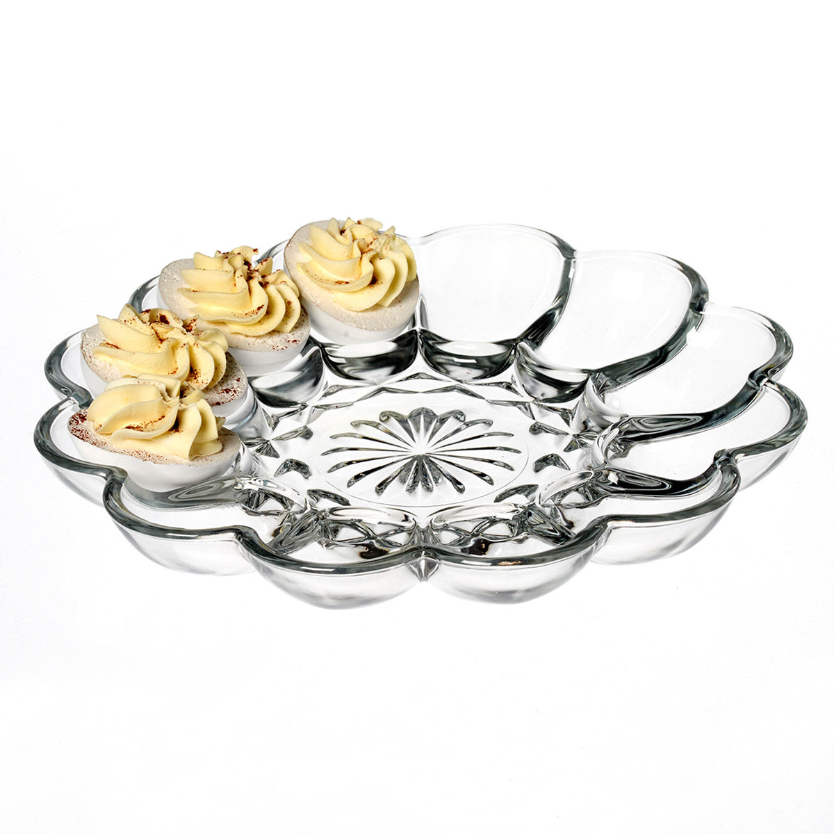 Anchor Hocking Eier Präsentierplatte, 25.4 cm, clear glass serving platter with raised edges for eggs or appetizers.
