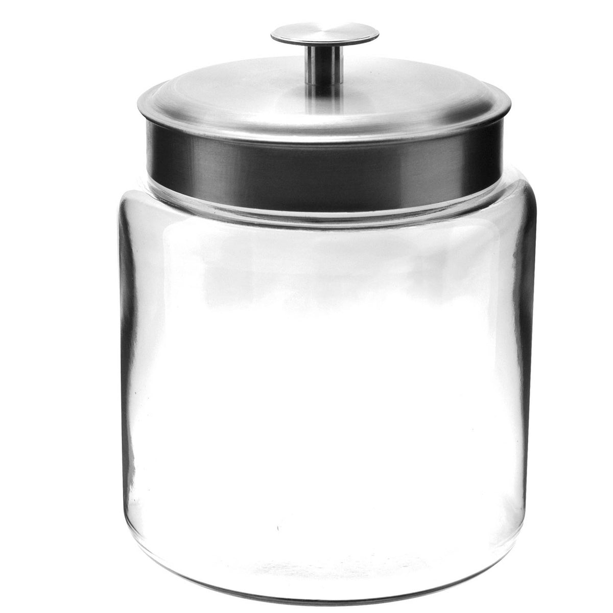 Anchor Hocking Montana storage jar with clear glass body and screw-on lid, ideal for kitchen pantry organization.