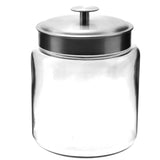 Anchor Hocking Montana storage jar with clear glass body and screw-on lid, ideal for kitchen pantry organization.