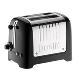 Dualit Lite 2-slice toaster with stainless steel finish, showcasing bread slots and control lever.