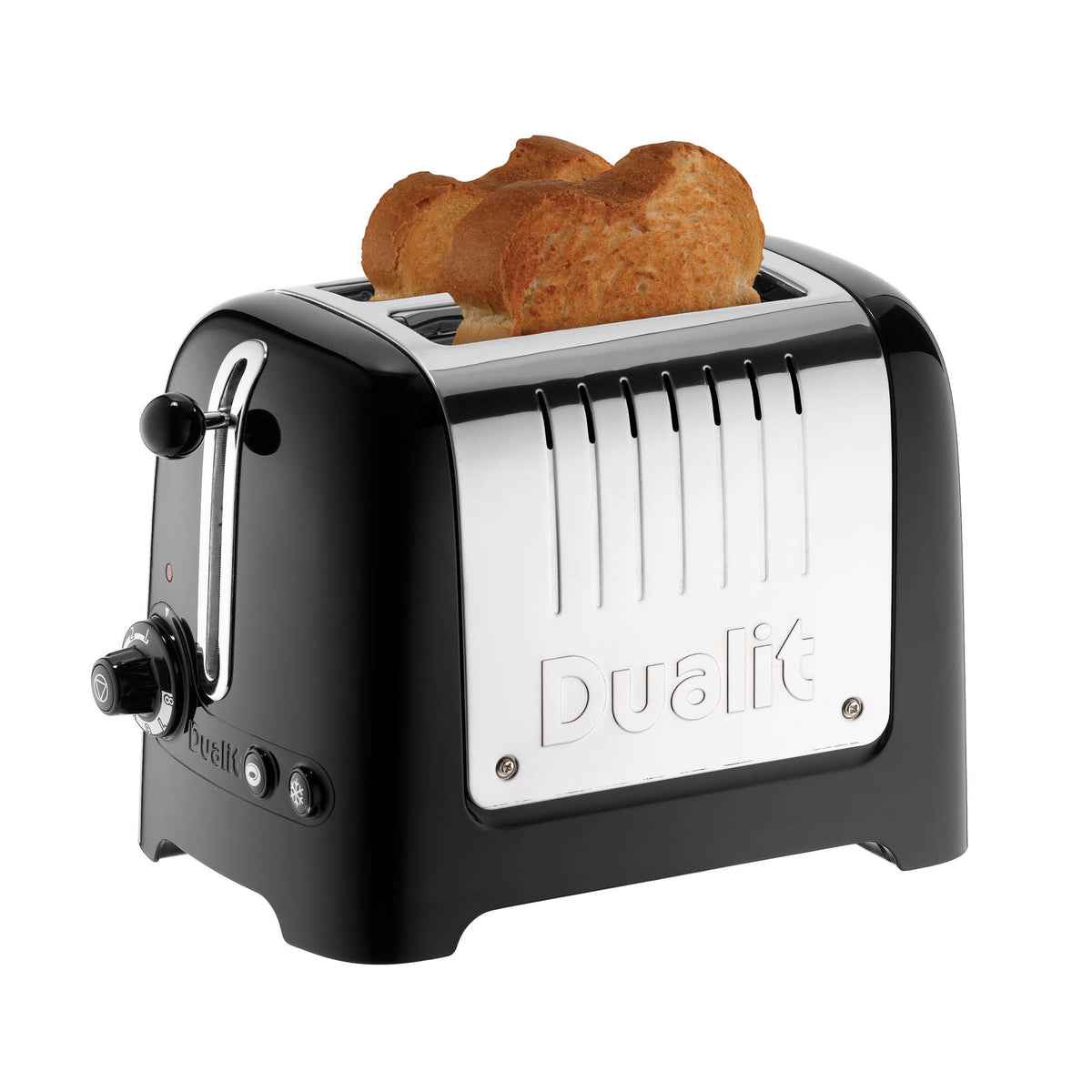 Dualit Lite 2-slice toaster with modern design and stainless steel finish, featuring control knobs and crumb tray.