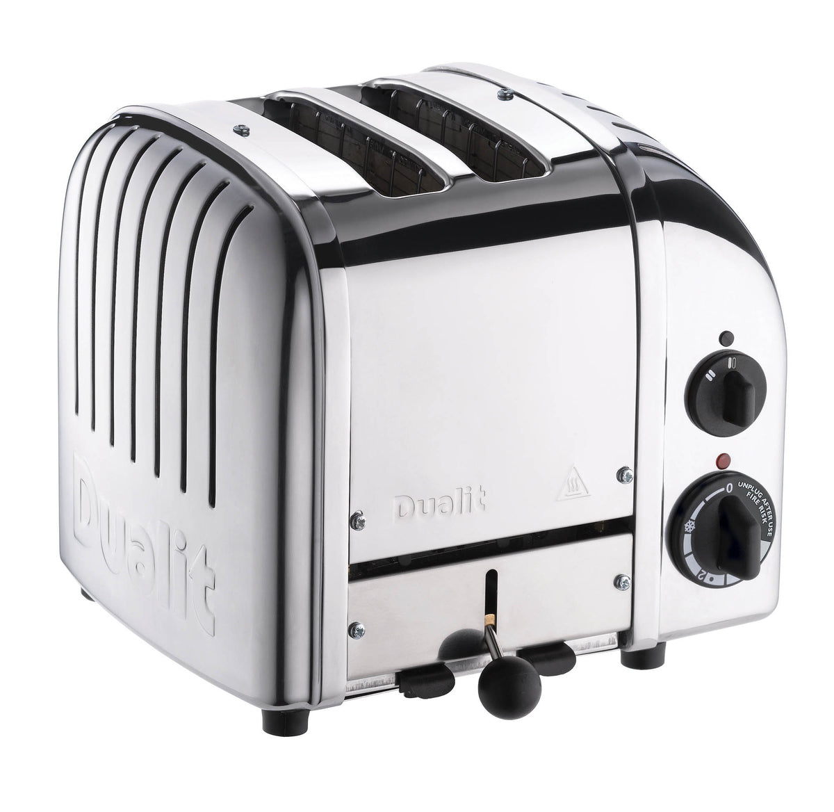 Dualit Newgen polished 2-slice toaster with modern design and stainless steel finish, showcasing bread slices inside.