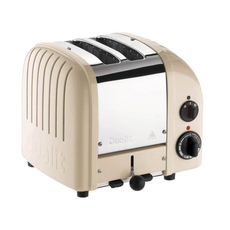 Polished DUALIT NewGen 2-slice toaster with modern design and stainless steel finish, featuring two slots for toasting bread.