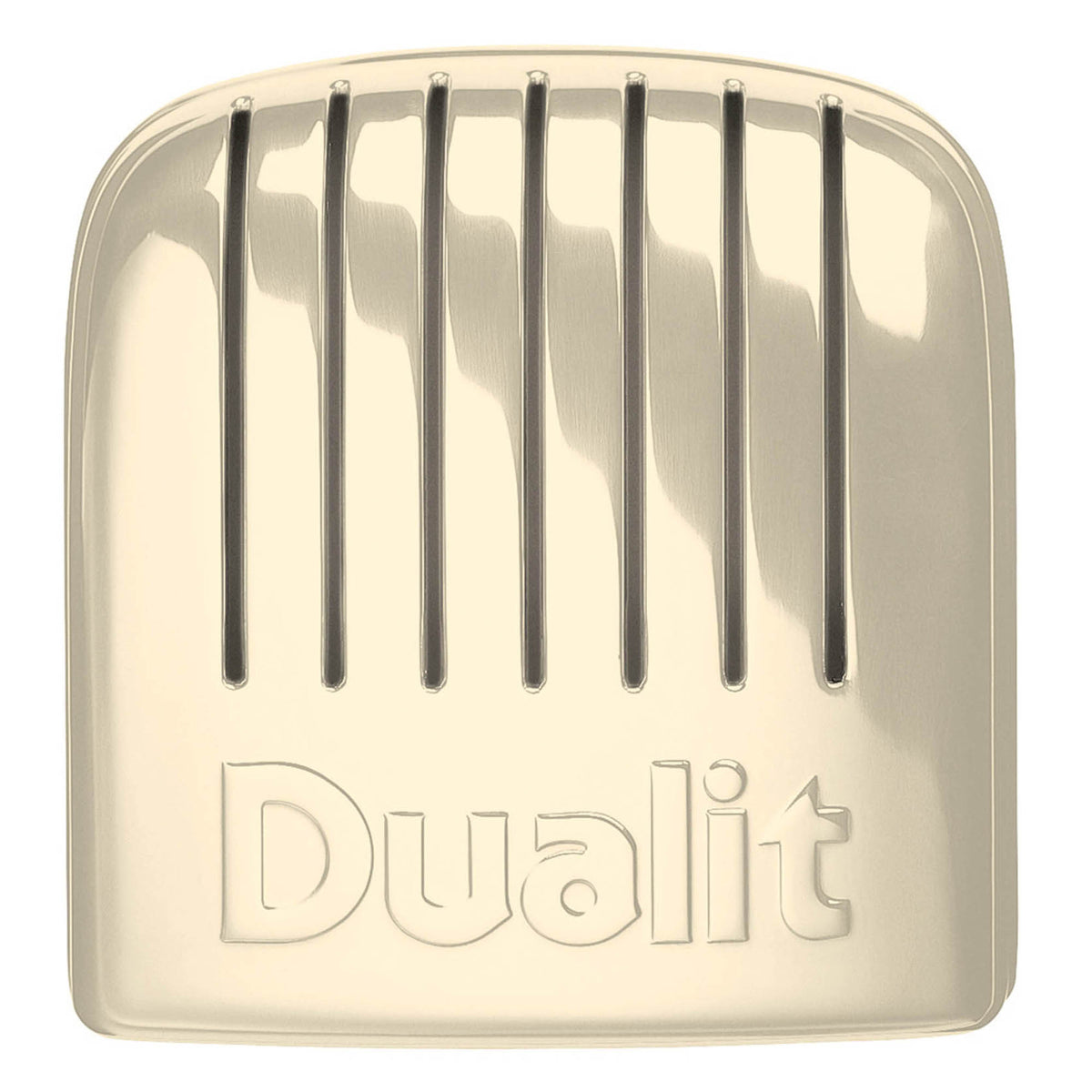 Dualit NewGen cream 2-slice toaster with modern design and lever control, shown with toasted bread inside.
