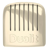 Dualit NewGen cream 2-slice toaster with modern design and lever control, shown with toasted bread inside.