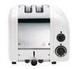 Dualit Newgen white 2-slice toaster with sleek design and stainless steel finish, featuring control knobs and toast slots.