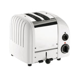 Dualit Newgen white 2-slice toaster with sleek design and control dials, ideal for toasting bread and bagels.