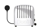 Dualit Newgen white 2-slice toaster with modern design and metal finish, featuring control levers and browning control.