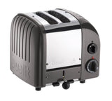 Dualit NewGen grey metallic toaster with 2 slices, featuring a modern design and sleek finish.