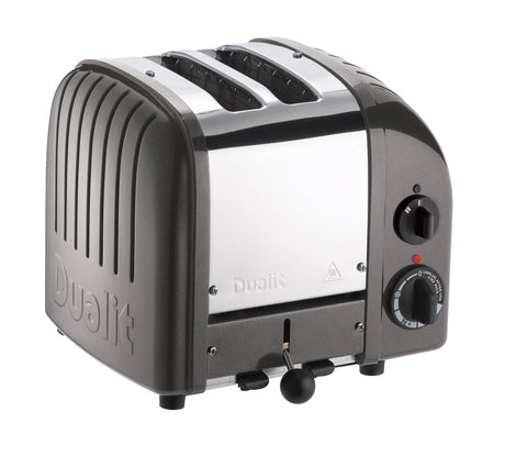 Dualit NewGen grey metallic toaster with 2 slices, featuring a modern design and sleek finish.