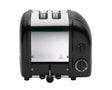 Dualit Newgen black 2-slice toaster with modern design and control knobs, perfect for quick breakfast toasting.