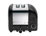 Dualit Newgen black 2-slice toaster with modern design and control knobs, perfect for quick breakfast toasting.
