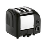 Dualit Newgen black 2-slice toaster with modern design and control dials, showcasing evenly toasted bread slices.