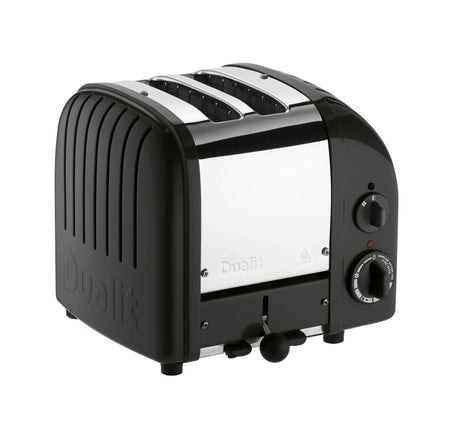 Dualit Newgen black 2-slice toaster with modern design and control dials, showcasing evenly toasted bread slices.