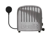 Dualit Newgen silver metallic 2-slice toaster with modern design and stainless steel finish.